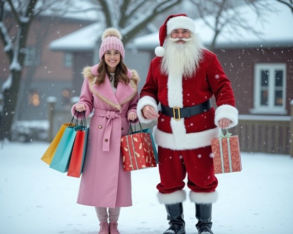 Cheerful Woman and Santa Claus in Snowy Neighborhood