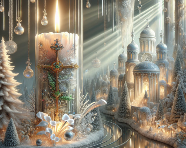 Ornate Candle in Serene Winter Cathedral Scene