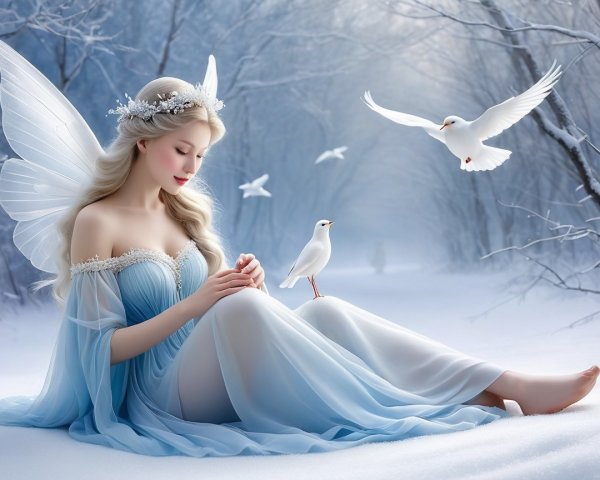 Fairy in Snowy Landscape with Shimmering Wings
