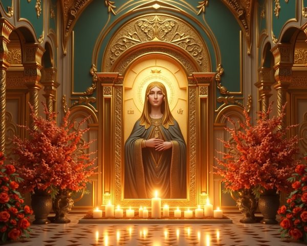 Serene religious altar with golden icon and floral decor