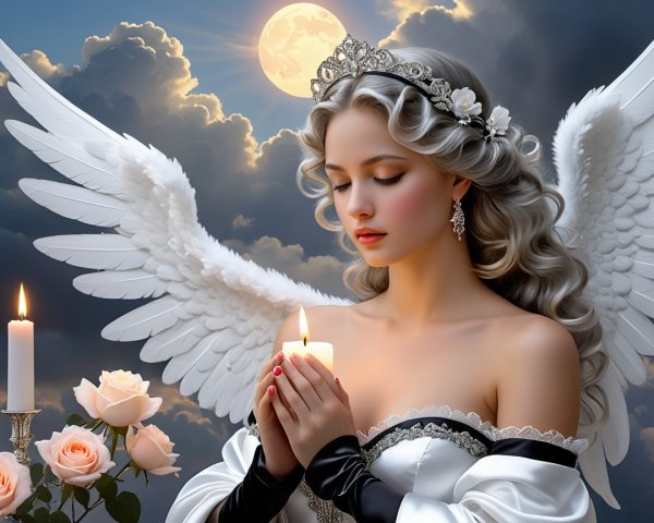 Angelic Figure with Candle Against Moody Sky