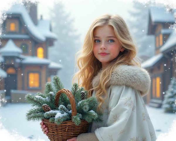 Blonde Girl in Snowy Village with Wicker Basket