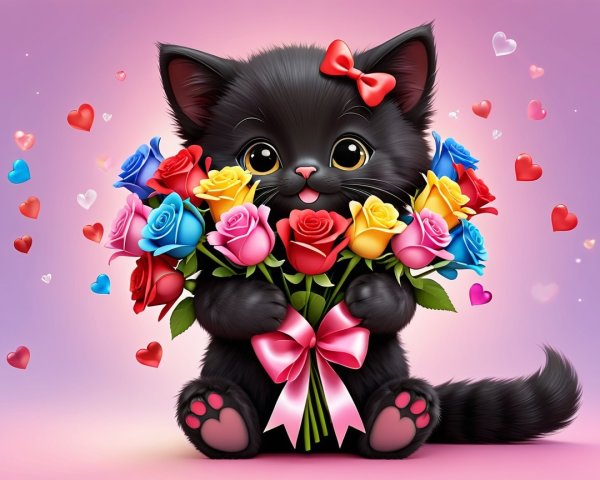 Black Kitten with Bouquet and Floating Hearts
