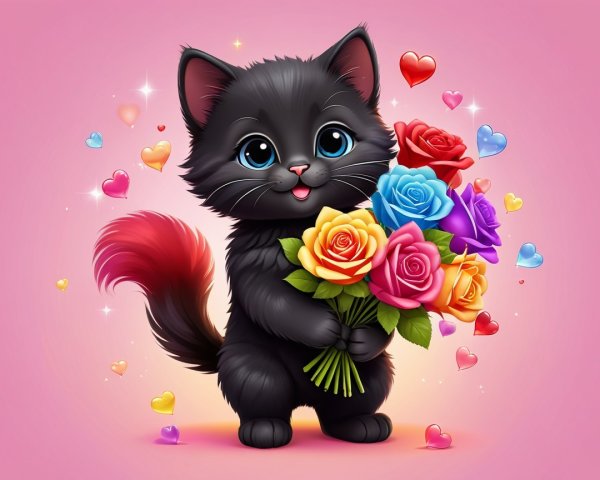 Black Kitten with Roses and Colorful Hearts on Pink