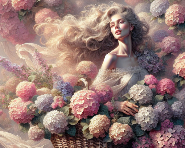 Ethereal Woman Surrounded by Blooming Hydrangeas
