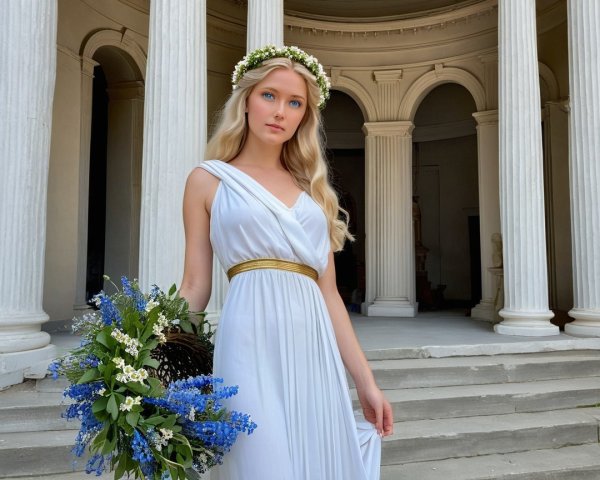 Woman in White Dress with Floral Crown on Steps