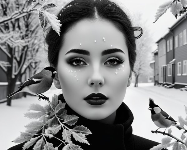 Black-and-white portrait of a woman in winter setting