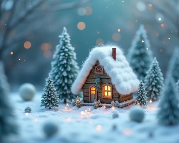 Miniature Wooden House in a Snowy Winter Landscape