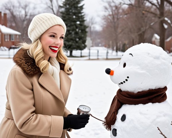 Winter Scene with Woman and Snowman in Snowy Landscape