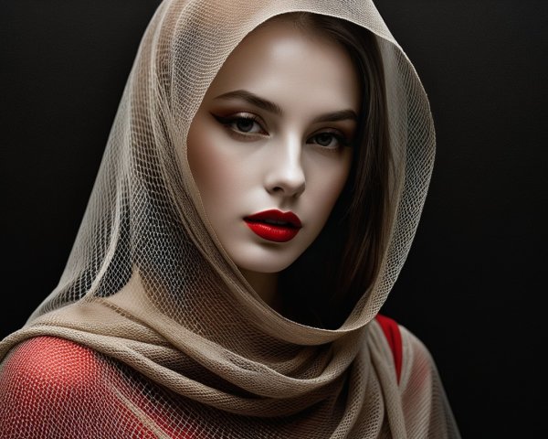 Portrait of a Young Woman in Sheer Veil and Bold Makeup