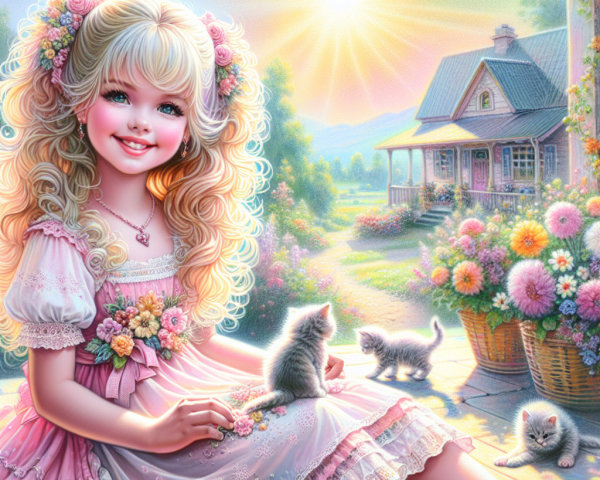 Cheerful girl with kittens in blooming garden setting