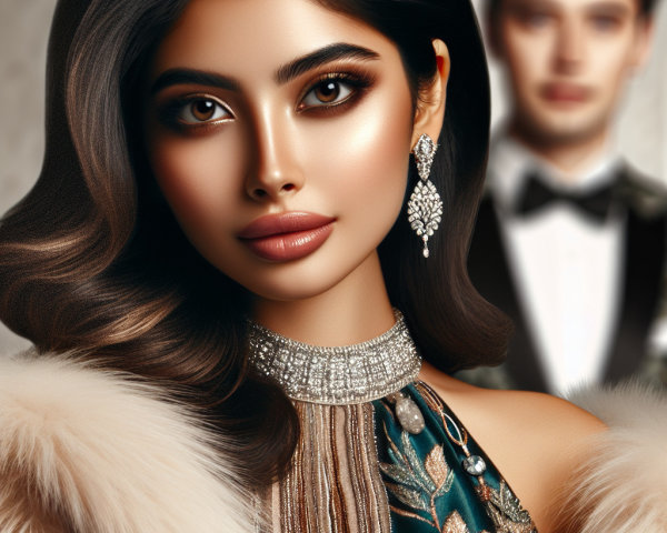 Elegant Woman in Floral Dress with Tuxedo Background