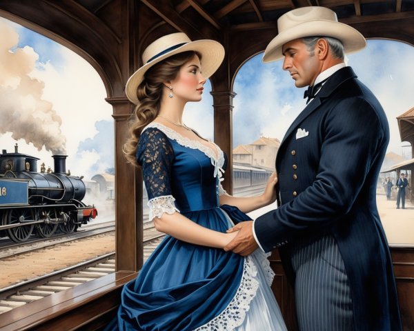 Romantic Vintage Train Station Scene with Couple