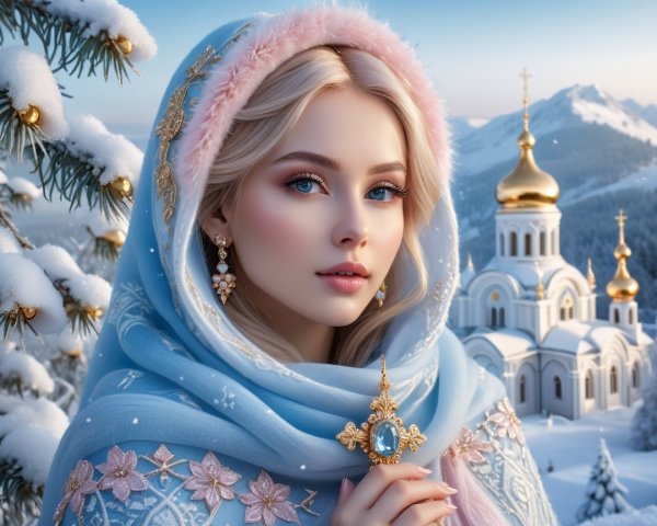 Young woman in blue shawl against winter landscape