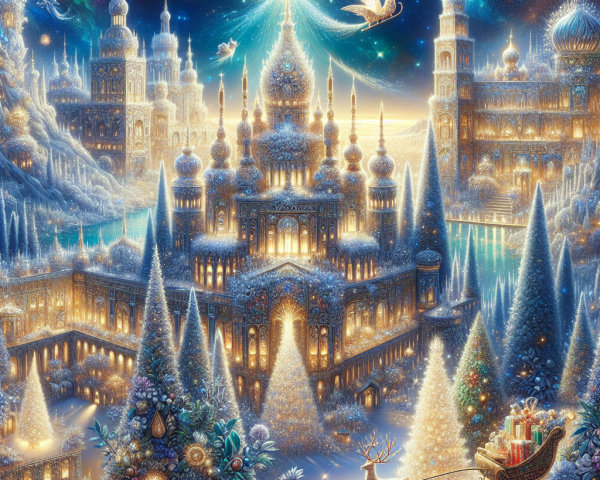 Magical Winter Landscape with Icy Castles and Lights