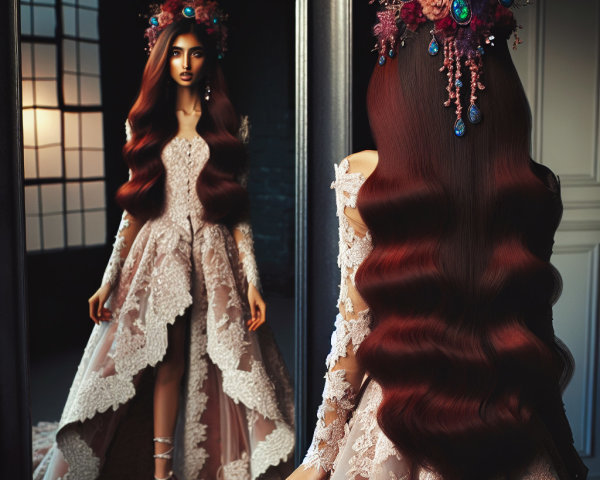 Elegant Gown with Lace Details and Floral Crown