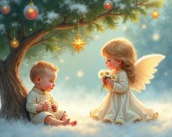 Winter Scene with Cherubic Girl and Baby Boy