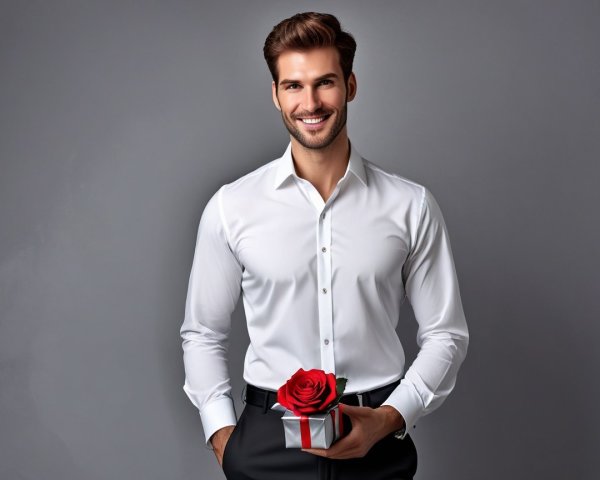 Young man with gift box and rose in soft gray setting