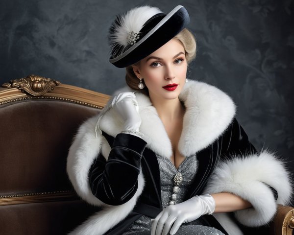 Elegant Woman in Black Velvet Gown and Accessories