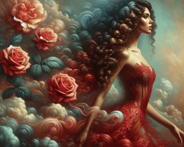 Ethereal Woman in Lace Dress Surrounded by Roses