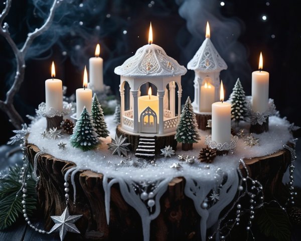Winter Scene with Gazebo and Candlelit Atmosphere