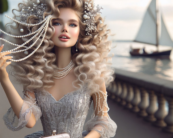 Glamorous Woman in Silver Gown by Waterfront