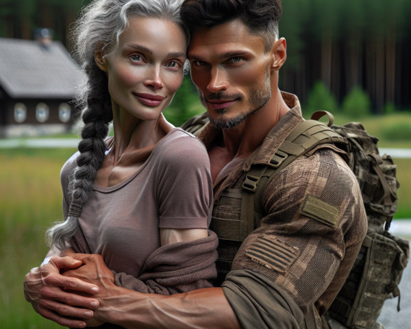 Soldier and Woman in Nature with Rustic Cabin Background