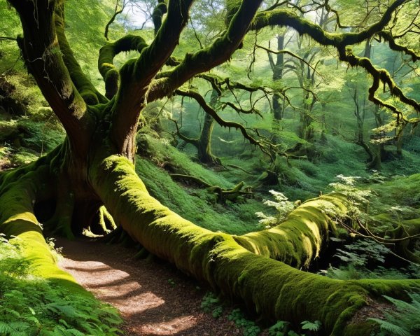 Majestic Tree in Serene Forest with Vibrant Moss