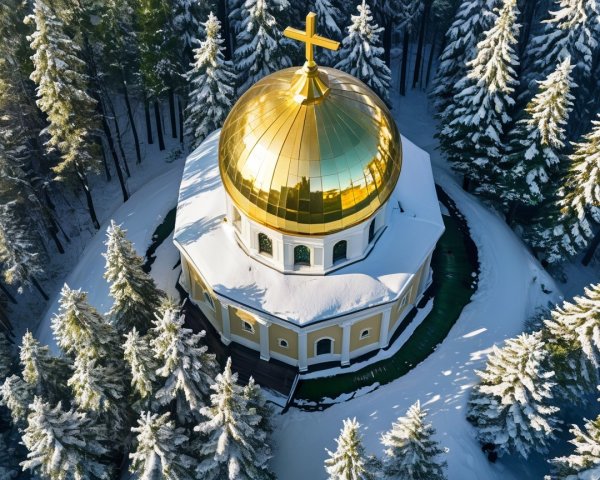 Golden-Domed Church Surrounded by Winter Landscape