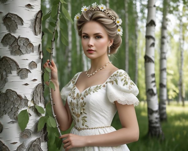 Bride in Elegant Dress Among Birch Trees and Sunlight