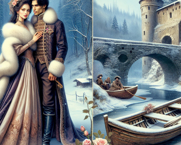 Whimsical Winter Landscape with Elegant Couple and Castle