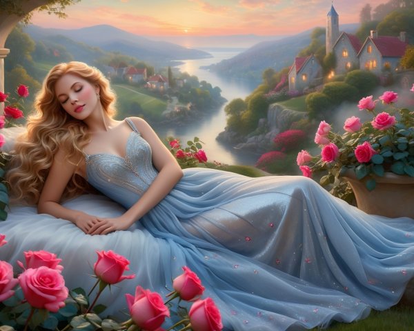 Sunset Scene with Woman in Blue Gown and Roses