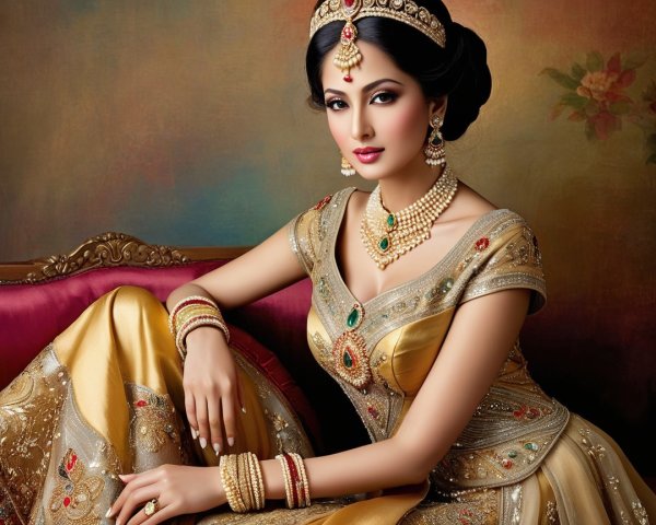 Elegant Woman in Golden Lehenga with Jewelry