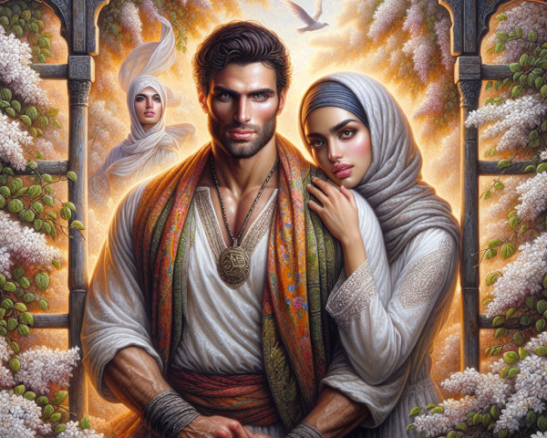 Strong man and woman in traditional attire with flowers