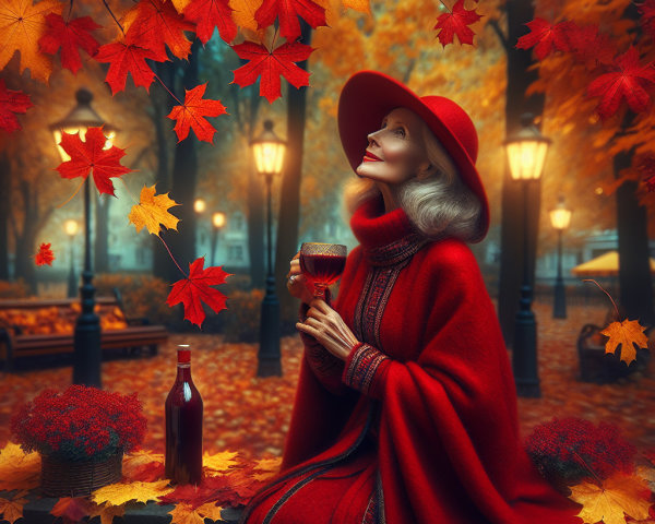 Autumn Park Scene with Woman in Red Hat and Cloak