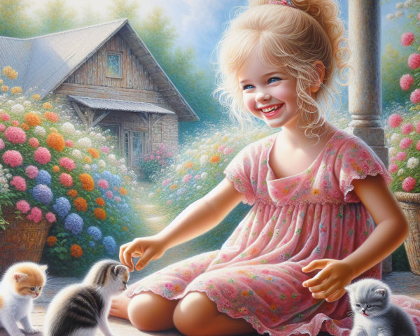 Cheerful girl with kittens in a flower-filled garden