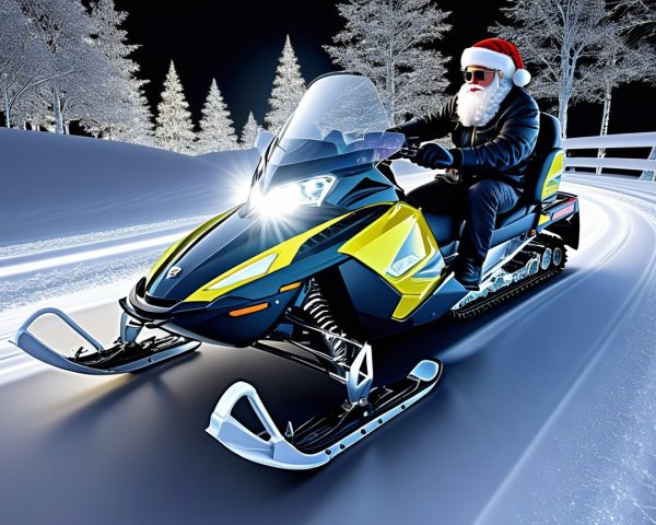 Santa Claus on a Snowmobile in a Winter Landscape