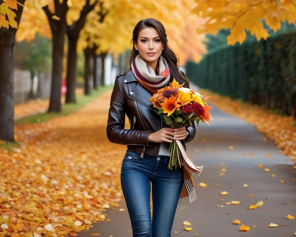 Stylish Woman on Autumn Path with Colorful Leaves