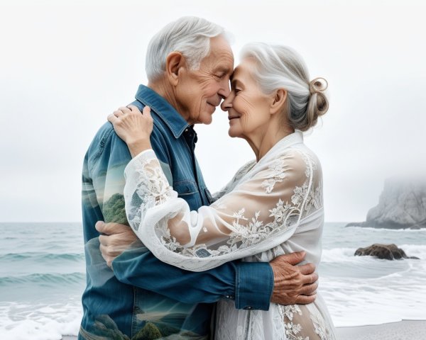 Elderly Couple Embracing on a Serene Beach