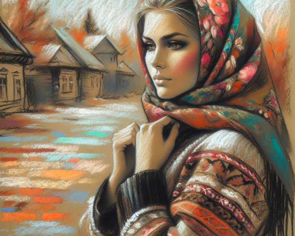 Young Woman in Floral Scarf Amid Autumn Landscape