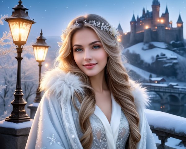 Woman in Silver Gown in Snowy Landscape with Castle