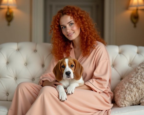 Woman with Red Hair and Beagle Puppy on Sofa