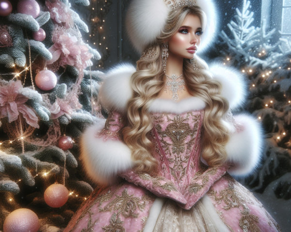 Elegant Figure in Pink Gown in Winter Wonderland Scene