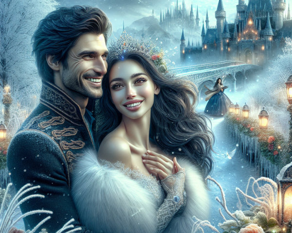 Couple in Winter Landscape with Castle and Lanterns