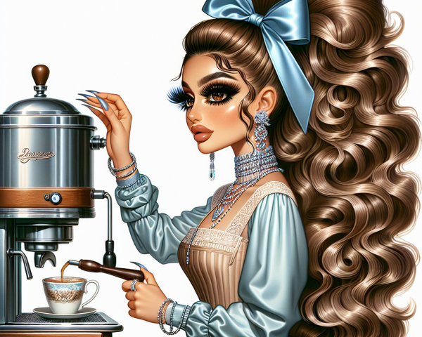 Glamorous Woman Prepares Coffee with Vintage Elegance