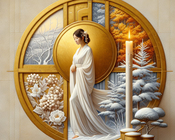 Serene Woman in White Gown Amidst Seasonal Landscapes