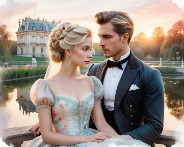 Elegant Couple by Serene Lake at Sunset