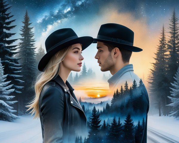 Couple in Black Hats in Surreal Winter Landscape