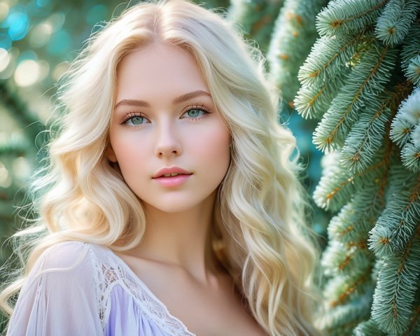 Young Woman in Nature with Blonde Hair and Blue Eyes