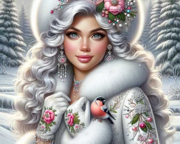 Elegant Woman with Silver Hair in Snowy Landscape